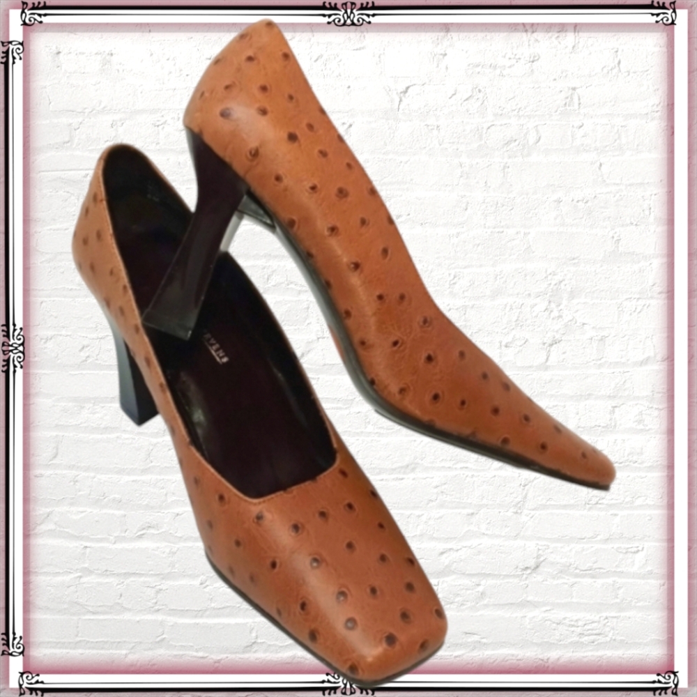 Vintage Valerie Stevens Brown Ostrich Leather Chunky Heel Pumps Size 6